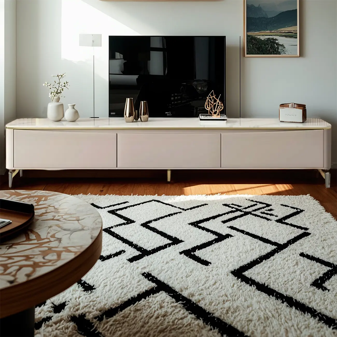 Modern TV Stand with Stone Top and Drawers for Living Room Image - 4 | homeyfad