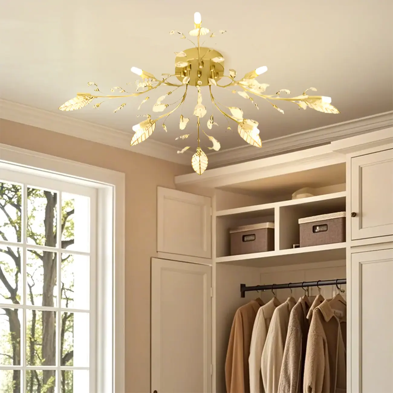 8" Height Elegant Gold Leaf Floral Semi Flush Ceiling Light Image - 1 | homeyfad