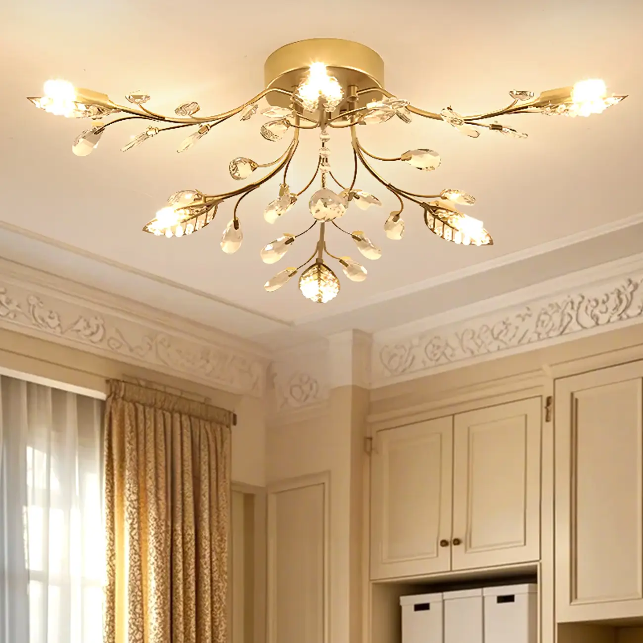 8" Height Elegant Gold Leaf Floral Semi Flush Ceiling Light Image - 2 | homeyfad
