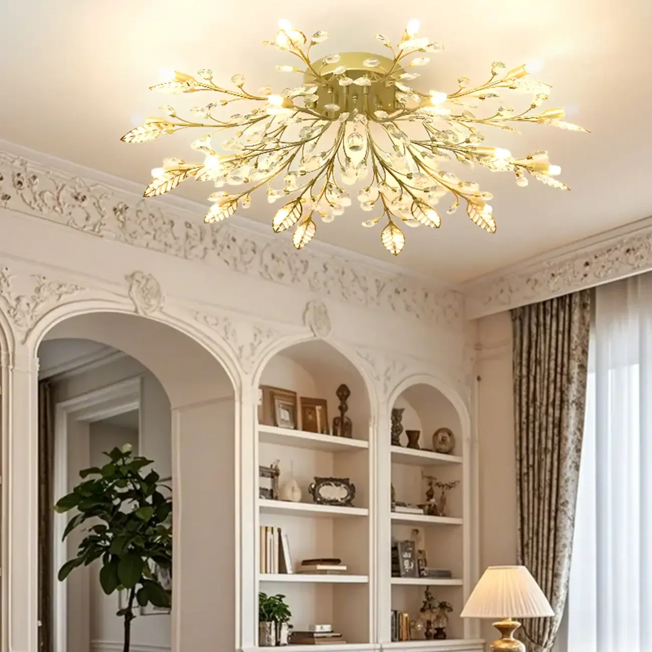 8" Height Elegant Gold Leaf Floral Semi Flush Ceiling Light Image - 4
