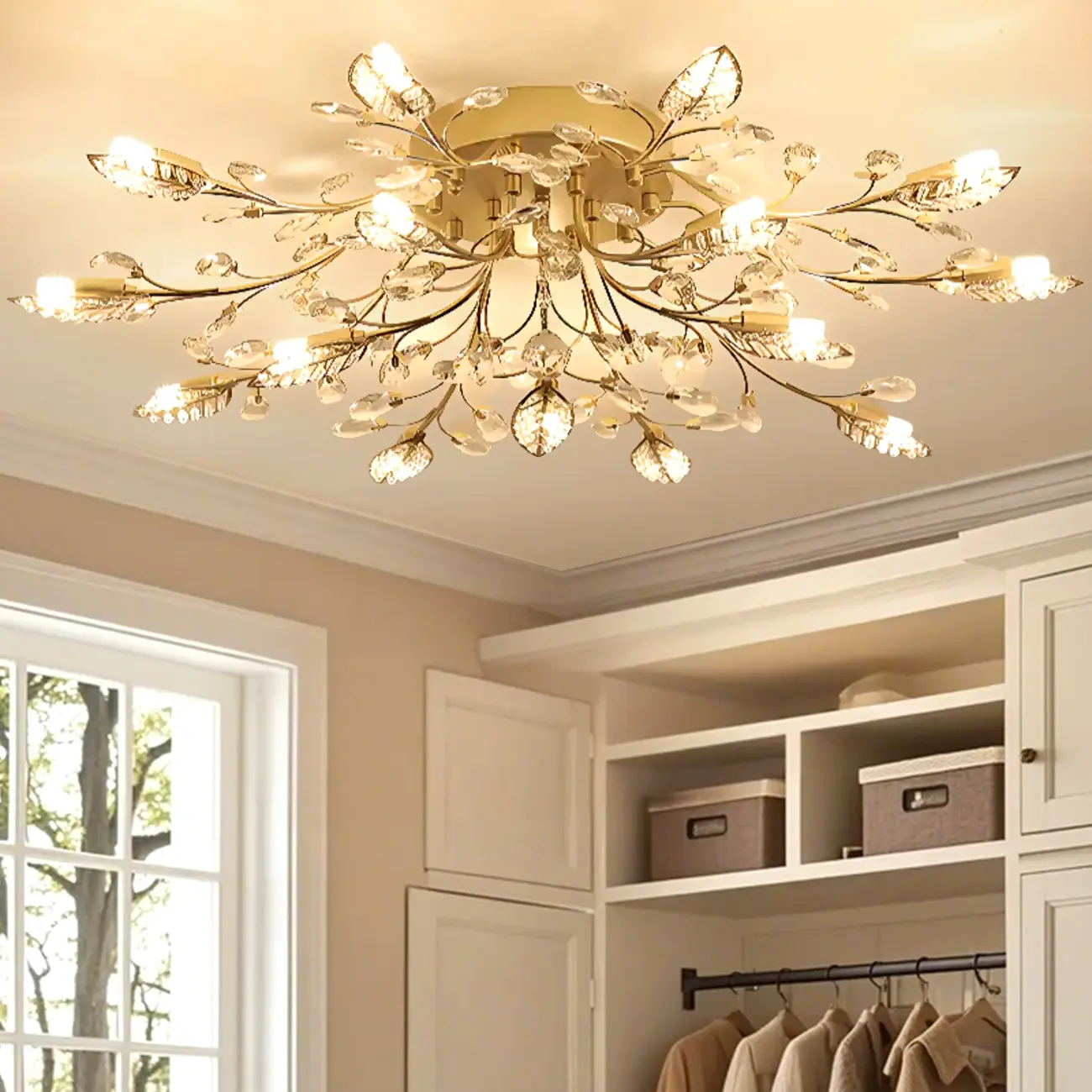 8" Height Elegant Gold Leaf Floral Semi Flush Ceiling Light Image - 9 | homeyfad