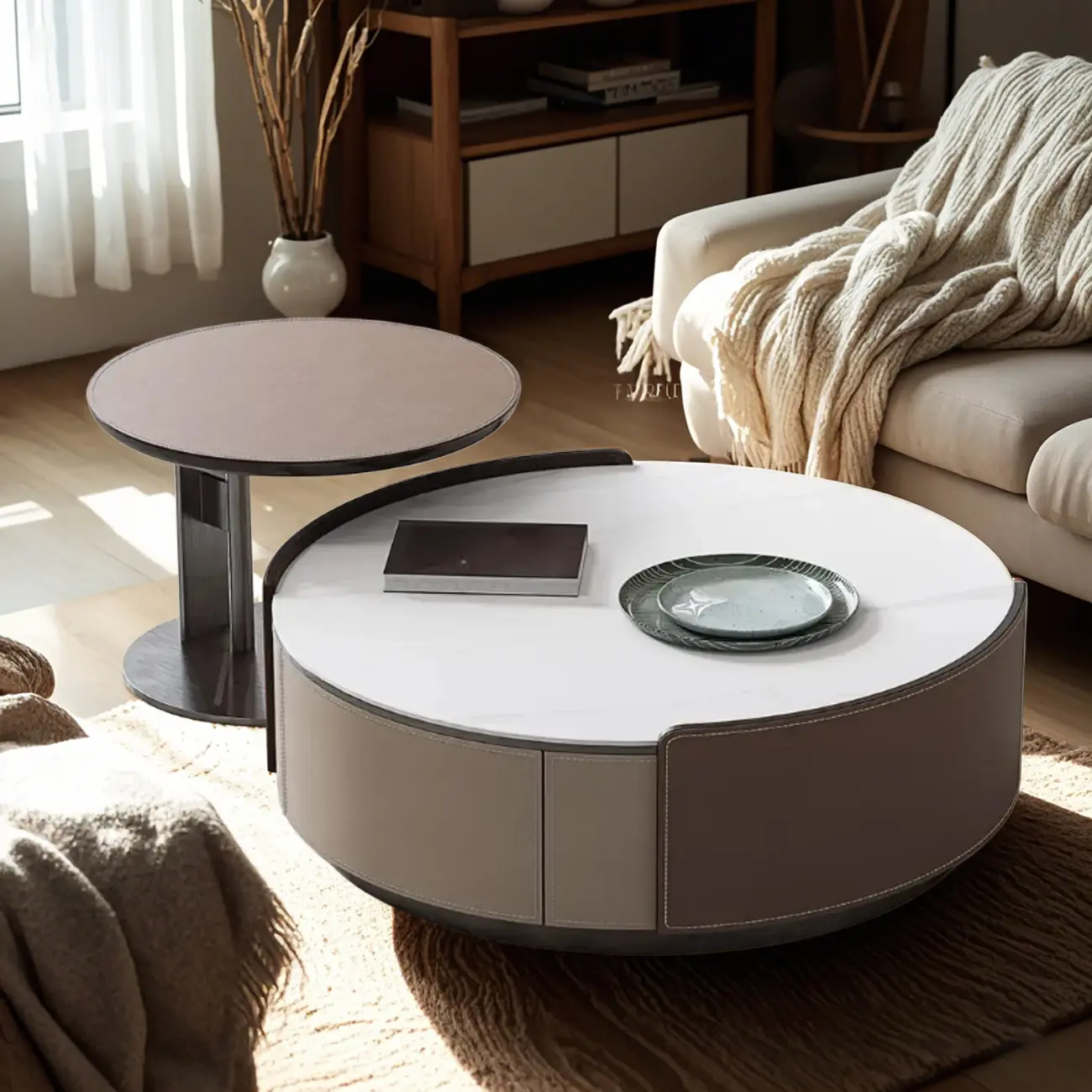 Modern Low Round Marble Nesting Coffee Table with Drawer Image - 1 | homeyfad