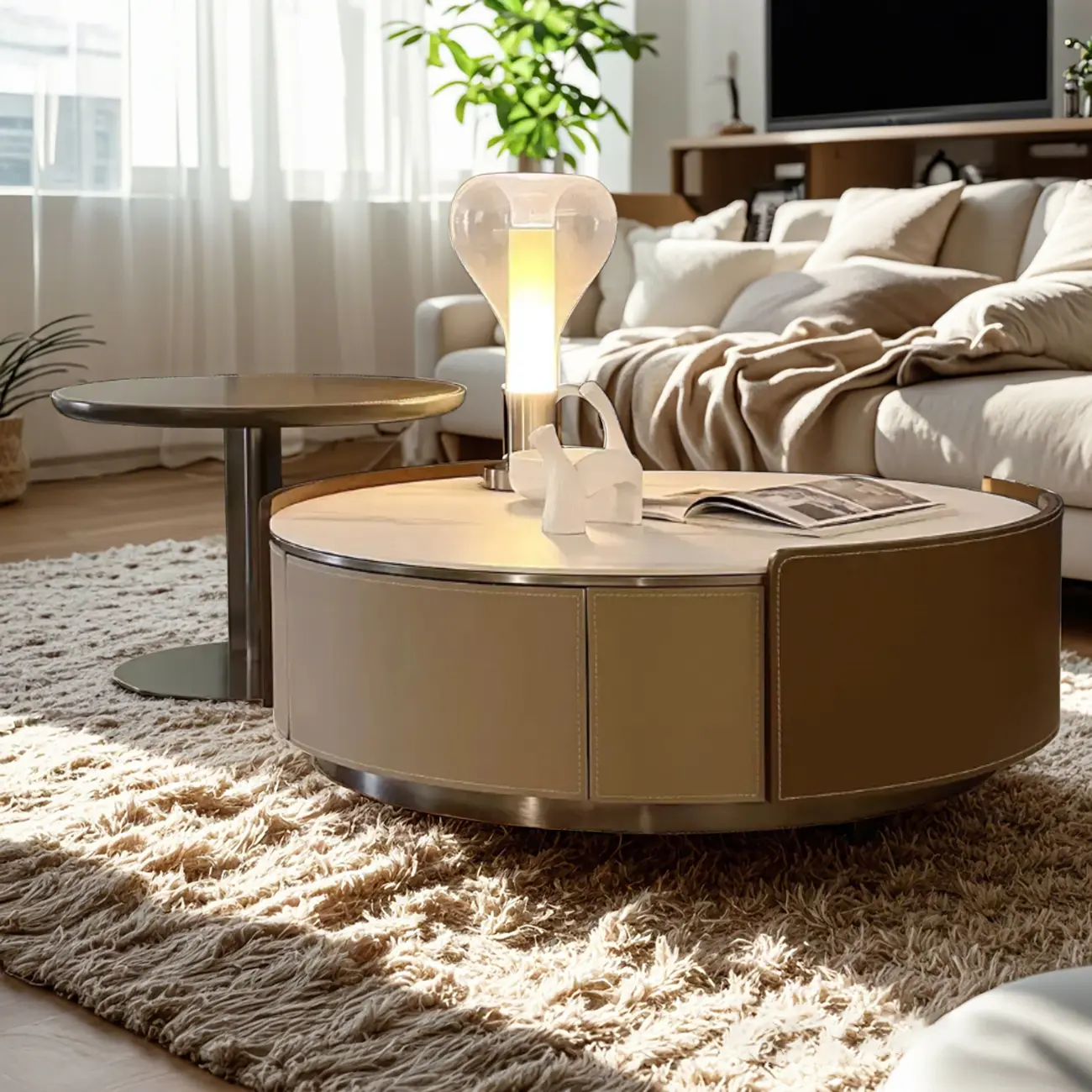 Modern Low Round Marble Nesting Coffee Table with Drawer Image - 2 | homeyfad