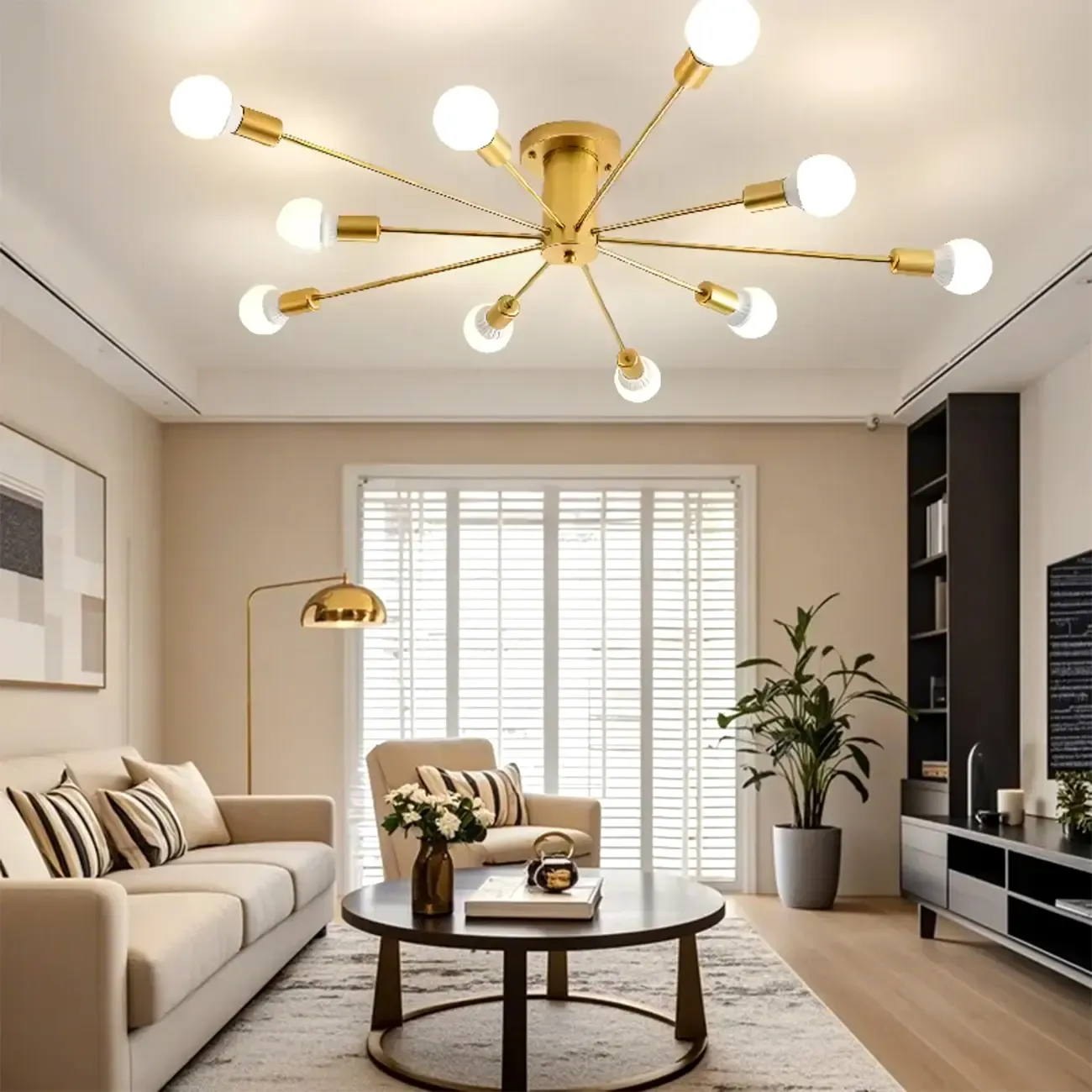 10-Light Gold Sputnik Semi Flush Ceiling Light Image - 1