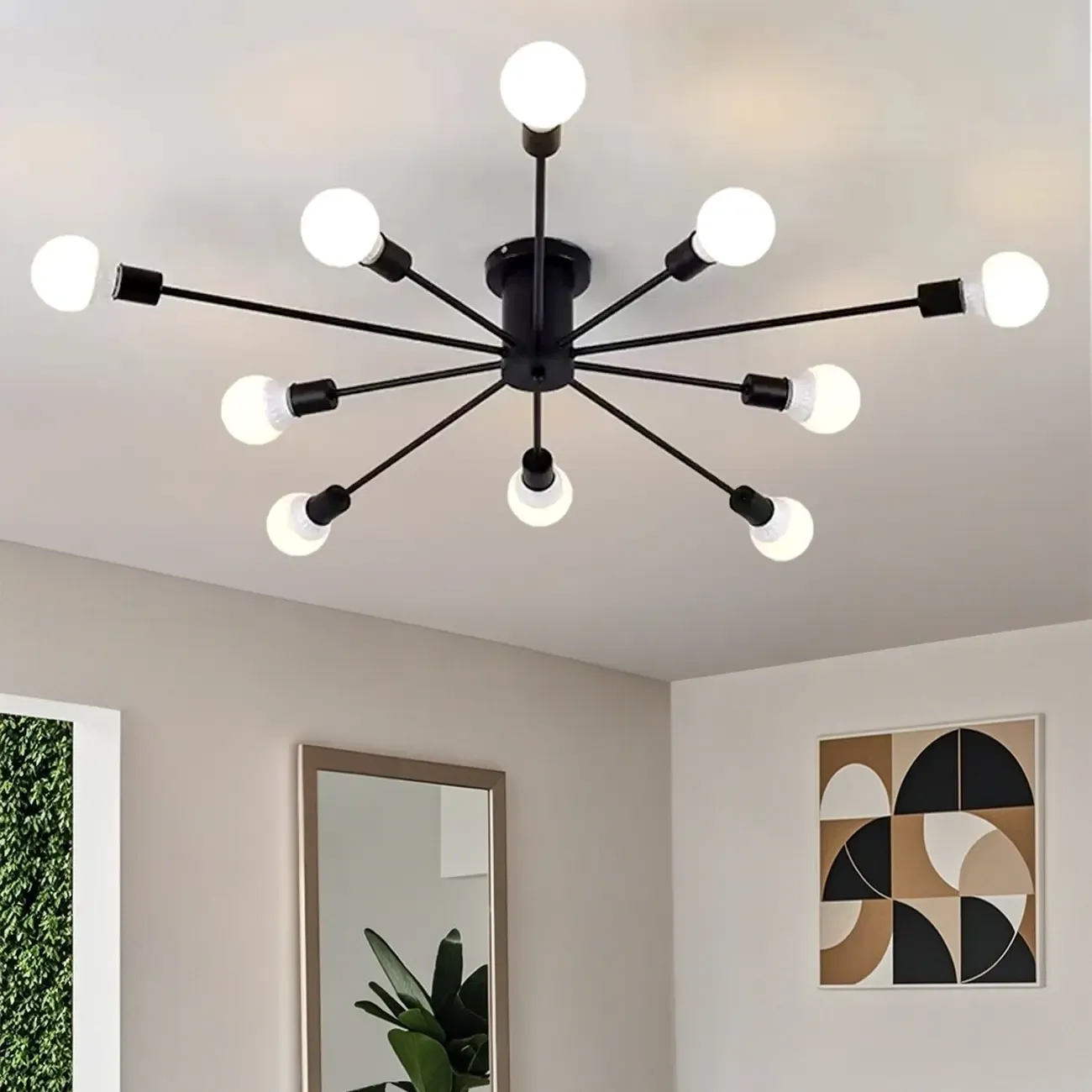 10-Light Gold Sputnik Semi Flush Ceiling Light Image - 5
