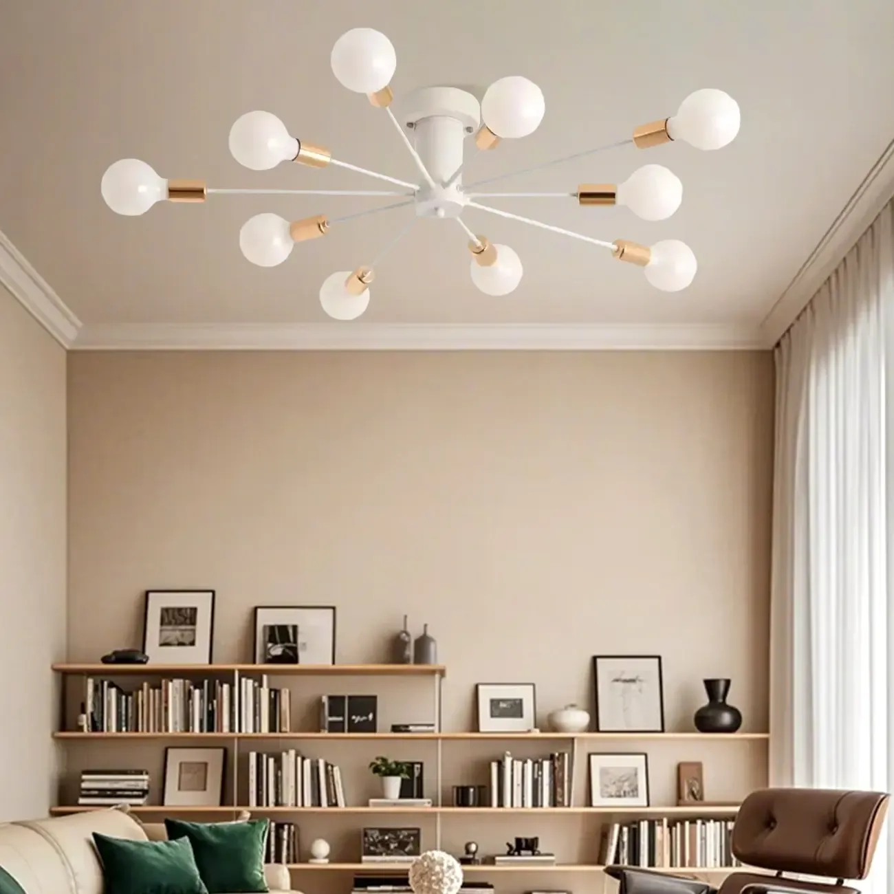 10-Light Gold Sputnik Semi Flush Ceiling Light Image - 8