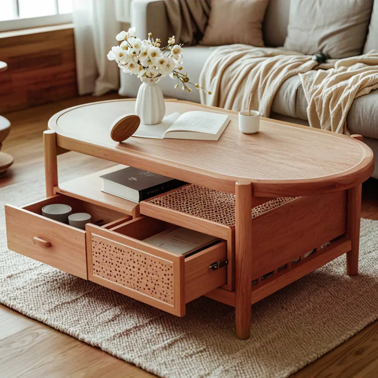 Scandinavian 2-Tier Coffee Table with 2 Drawers, Oval Top Image - 1 | homeyfad