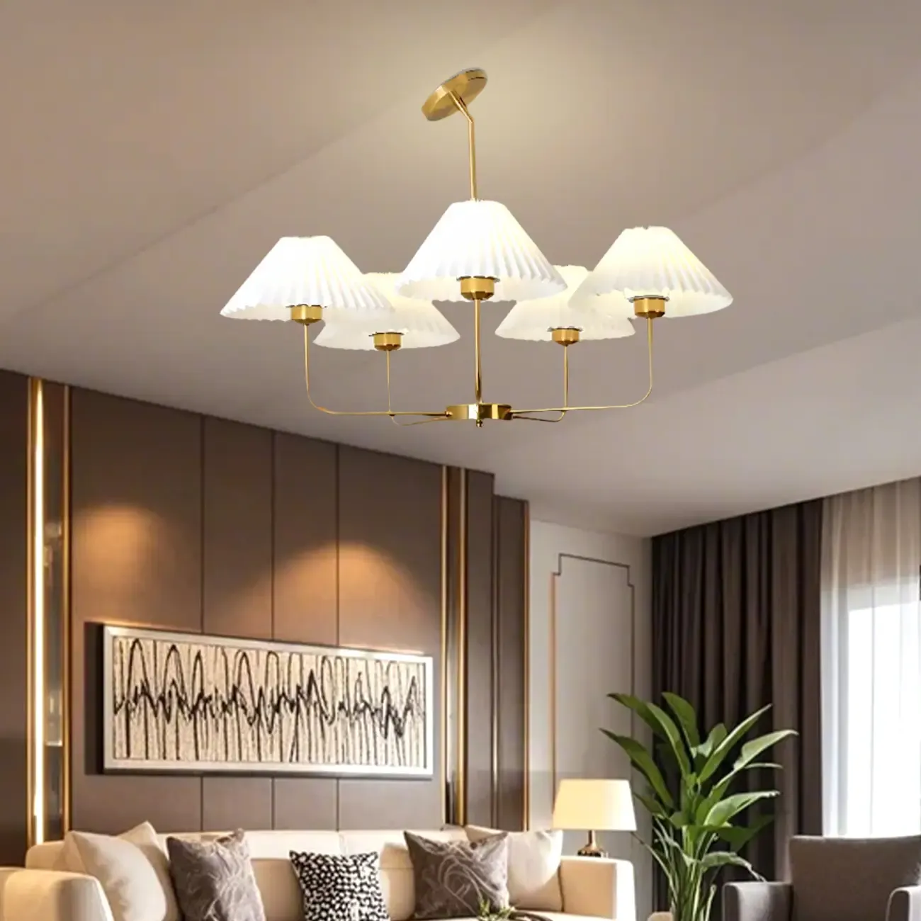 Modern Gold Chandelier with Pleated Shades for Living Room Image - 7