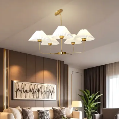 Modern Gold Chandelier with Pleated Shades for Living Room Image - 7
