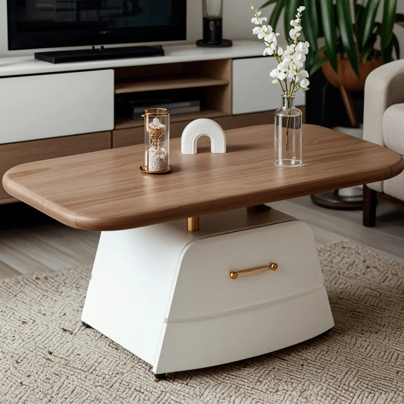 Brown White Wood Lift Top Coffee Table with Wheels Image - 3 | homeyfad