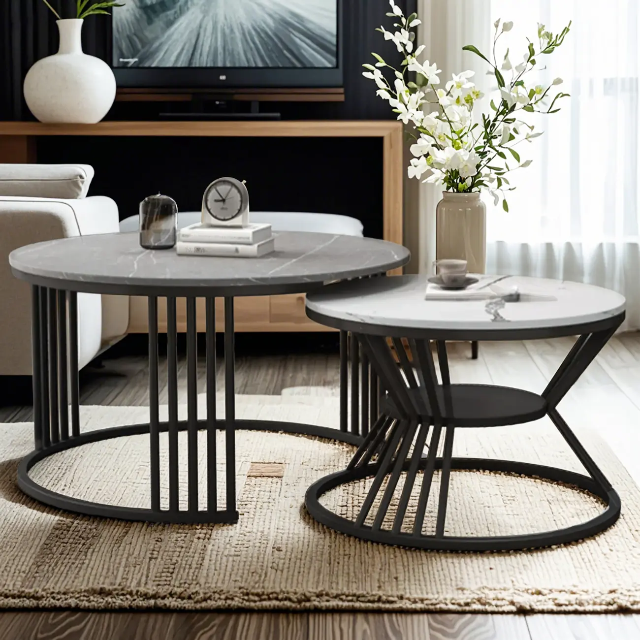Modern Marble Black Nesting Coffee Tables Set with Stone Top  Image - 1 | homeyfad