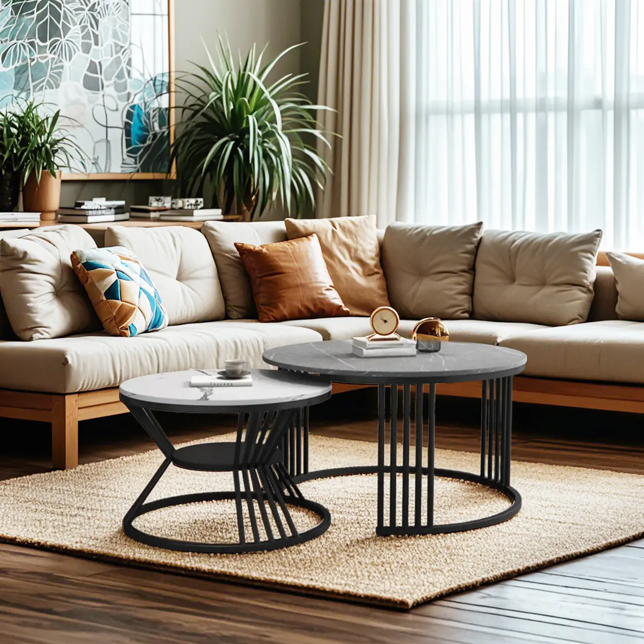 Modern Marble Black Nesting Coffee Tables Set with Stone Top  Image - 2 | homeyfad