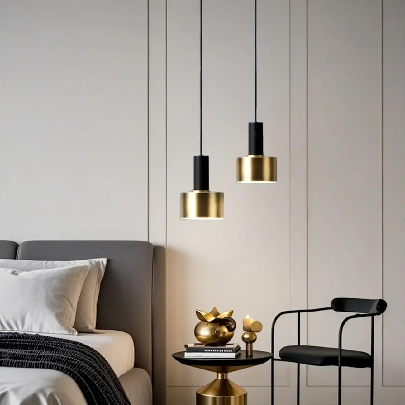 Golden Black Metal Pendant Light for Bedside with Long Line Image - 11