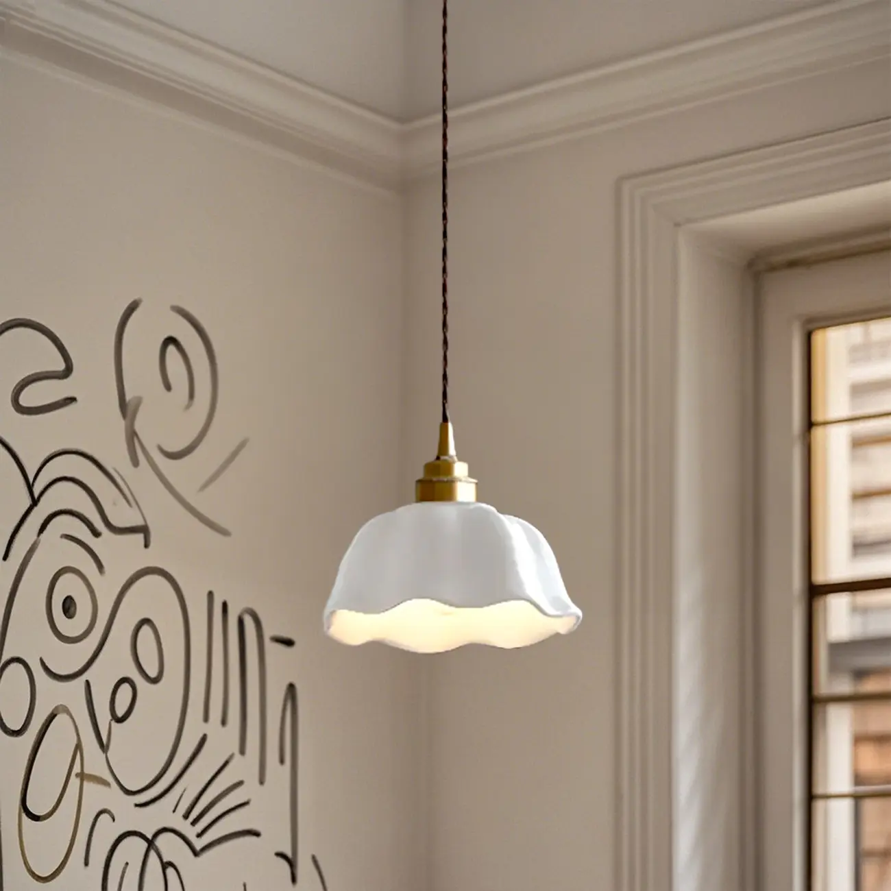 White Ceramic Floral Lampshade Pendant Light for Bedroom Image - 1 | homeyfad