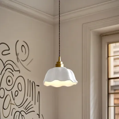 White Ceramic Floral Lampshade Pendant Light for Bedroom Image - 1
