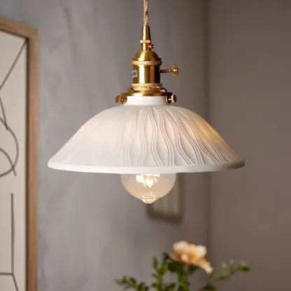 White Ceramic Floral Lampshade Pendant Light for Bedroom Image - 2