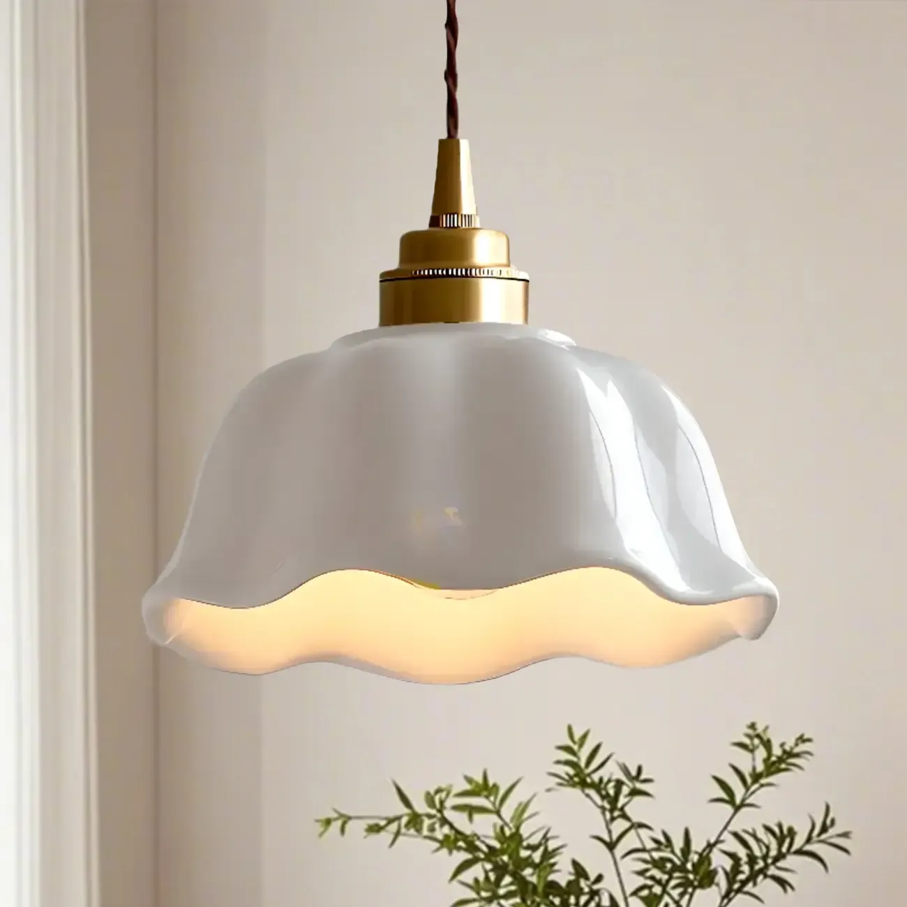 White Ceramic Floral Lampshade Pendant Light for Bedroom Image - 4