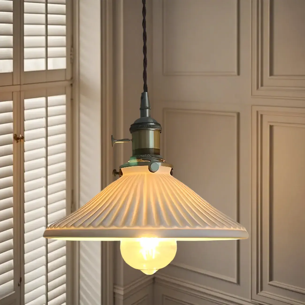 White Ceramic Floral Lampshade Pendant Light for Bedroom Image - 5