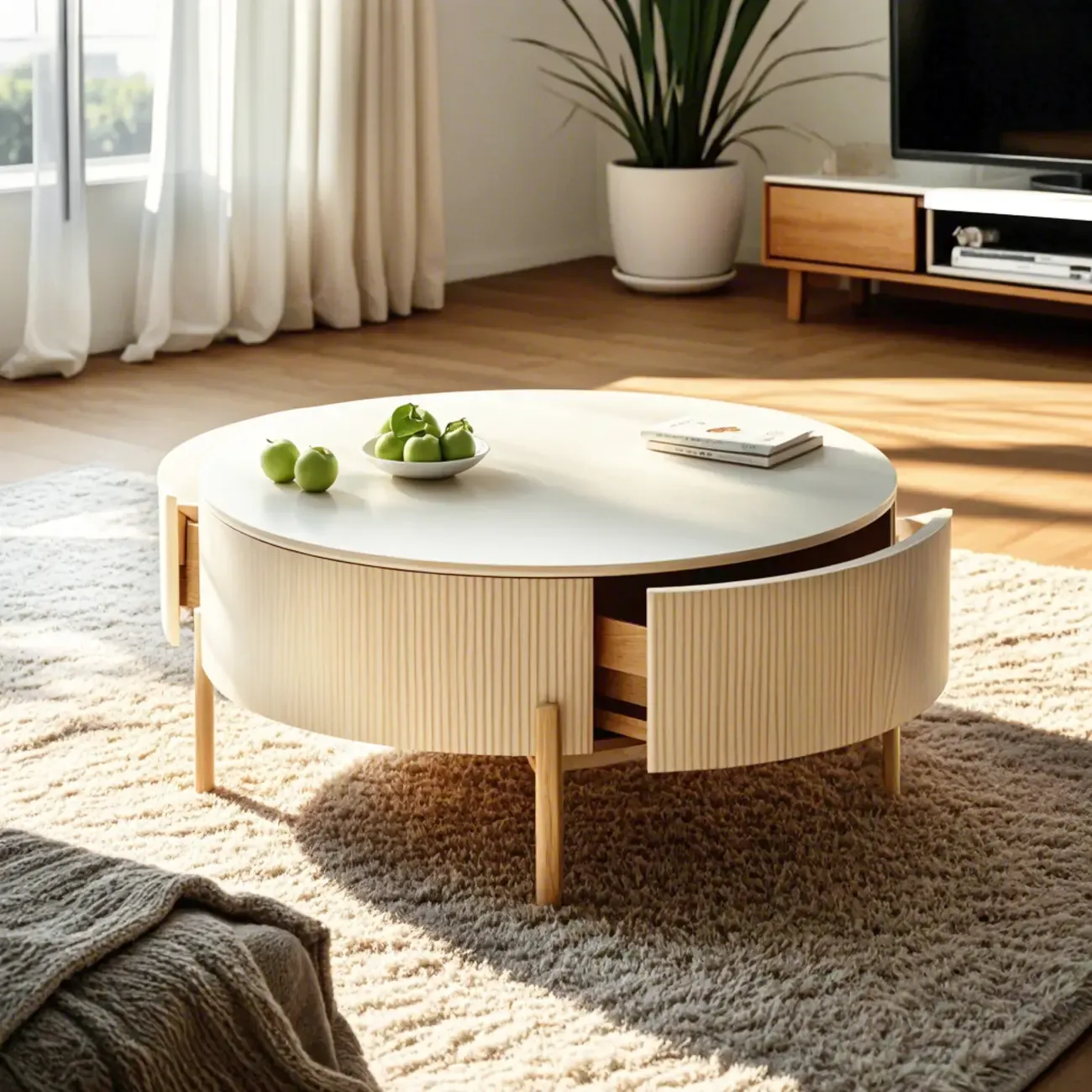 Modern White Stone Round Coffee Drawer Table Image - 17