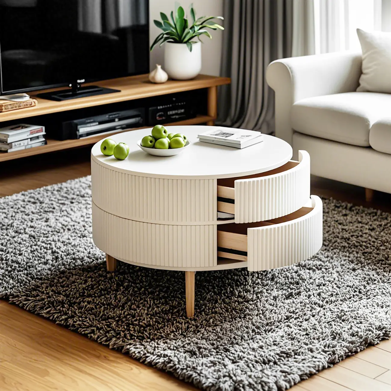 Modern White Stone Round Coffee Drawer Table Image - 1 | homeyfad