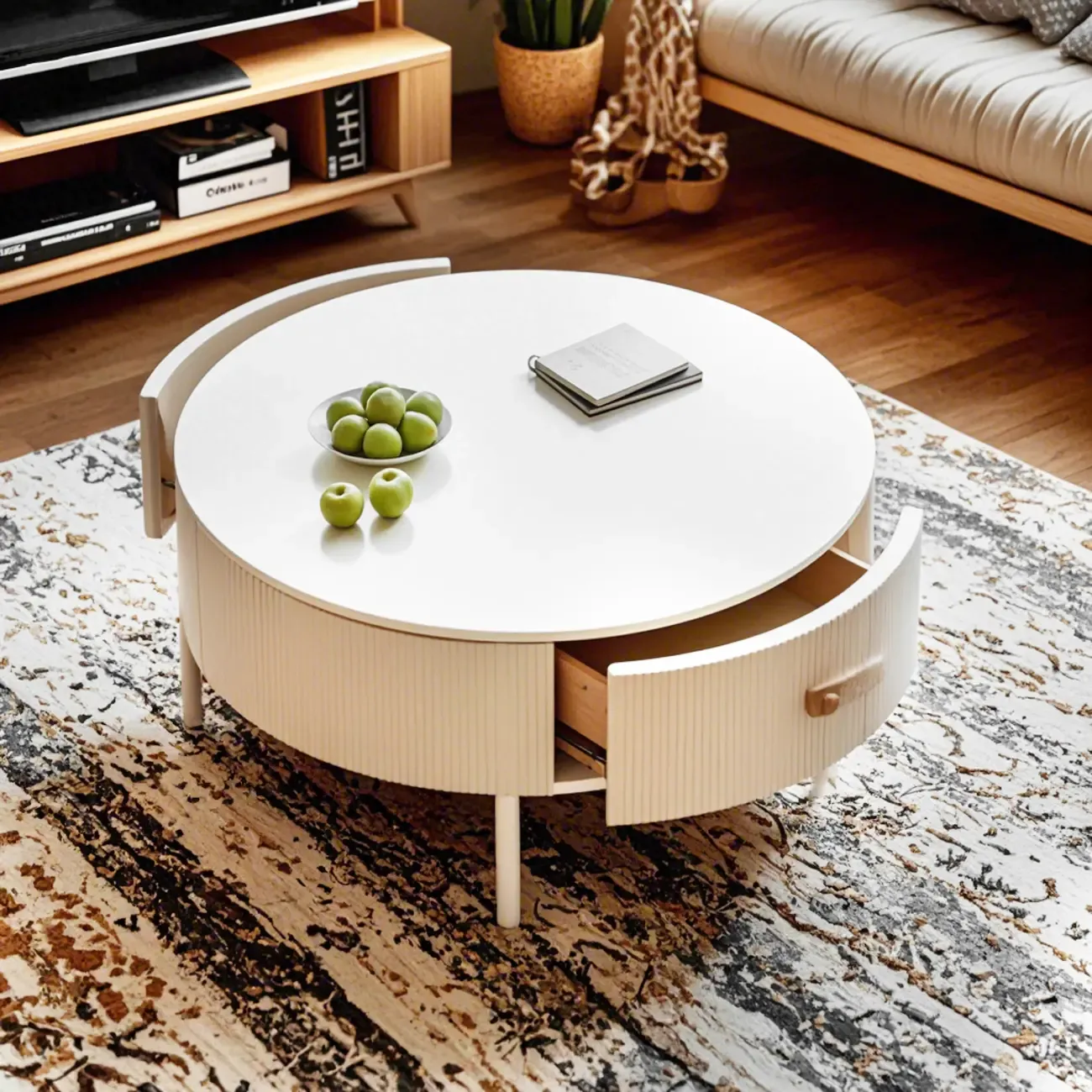 Modern White Stone Round Coffee Drawer Table Image - 18