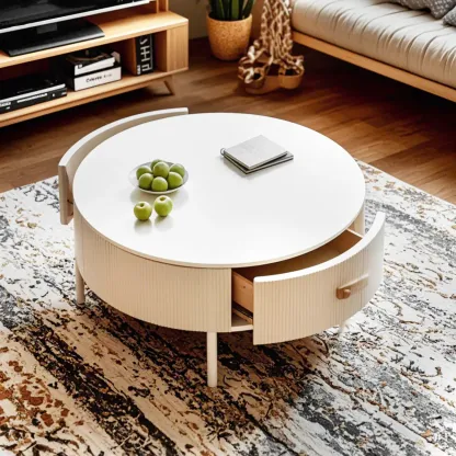 Modern White Stone Round Coffee Drawer Table Image - 18