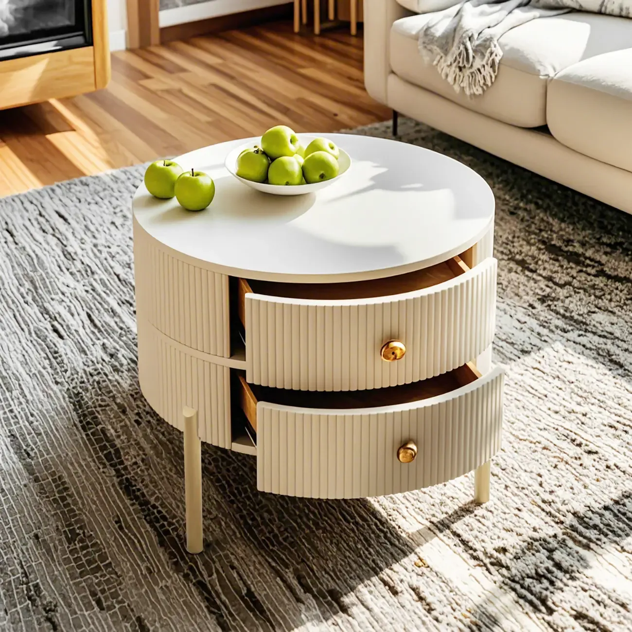 Modern White Stone Round Coffee Drawer Table Image - 3