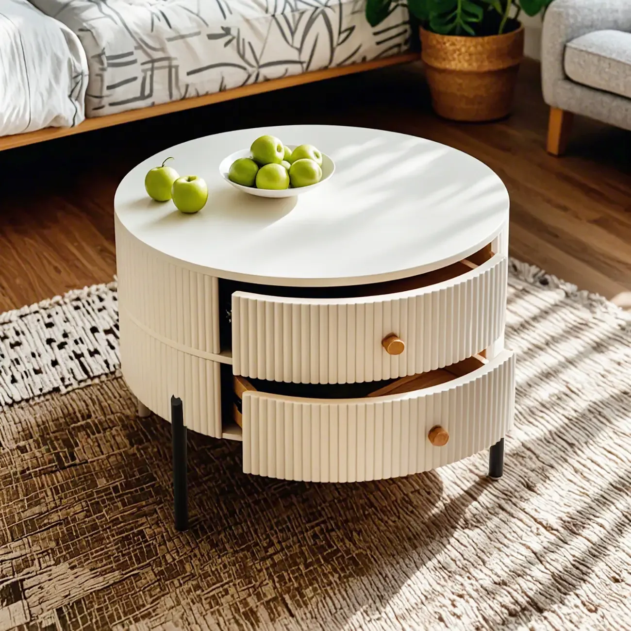 Modern White Stone Round Coffee Drawer Table Image - 21