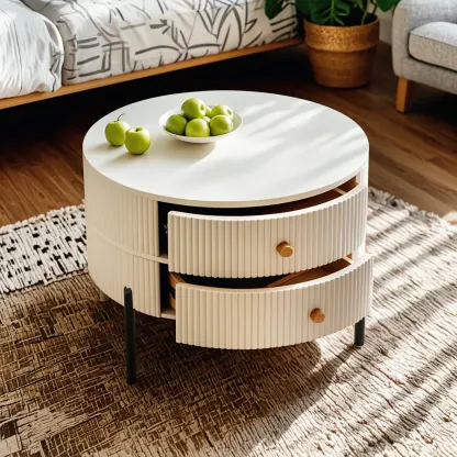 Modern White Stone Round Coffee Drawer Table Image - 21