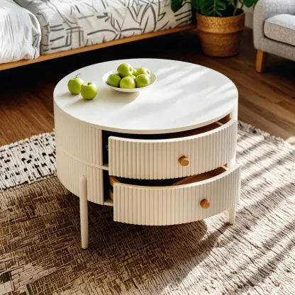 Modern White Stone Round Coffee Drawer Table Image - 22