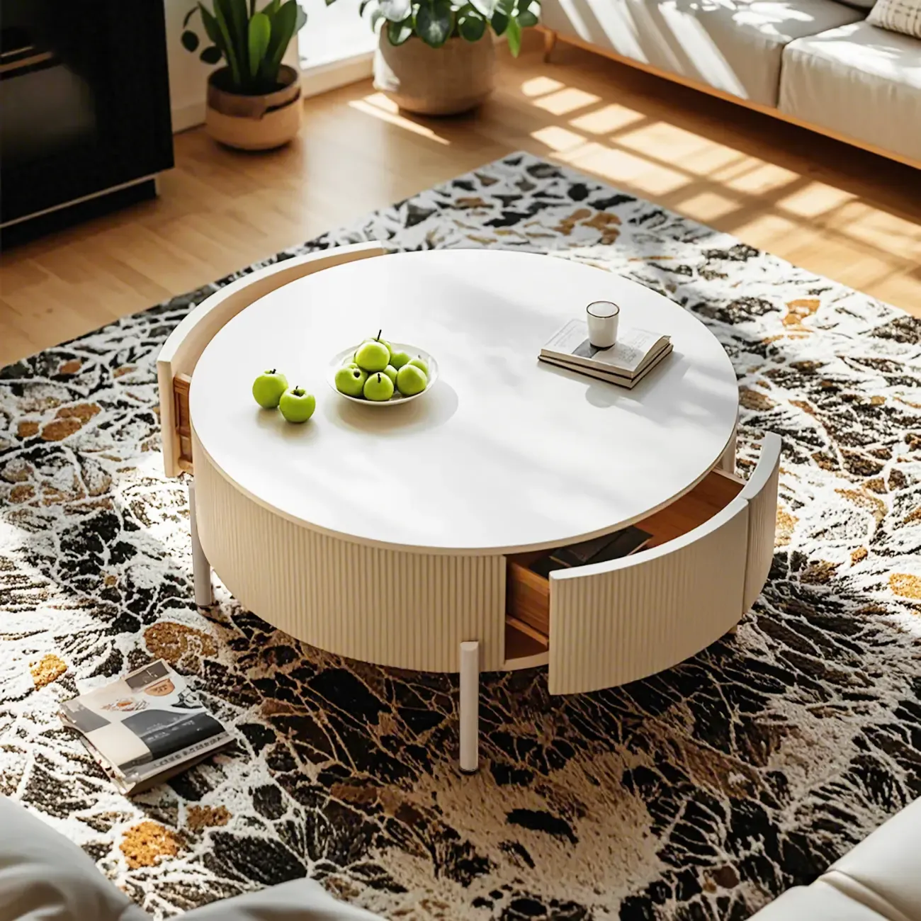 Modern White Stone Round Coffee Drawer Table Image - 19