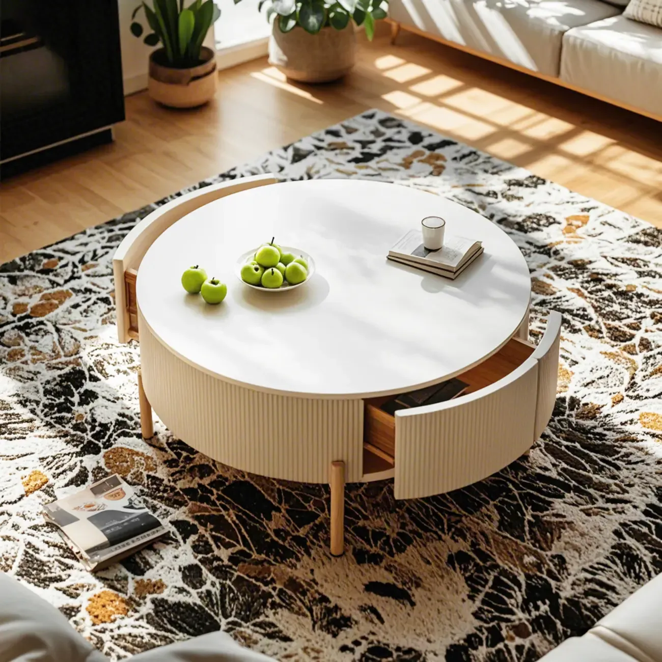 Modern White Stone Round Coffee Drawer Table | HomeyFad