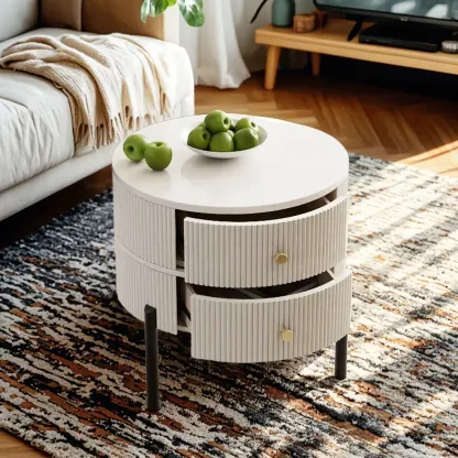 Modern White Stone Round Coffee Drawer Table Image - 12