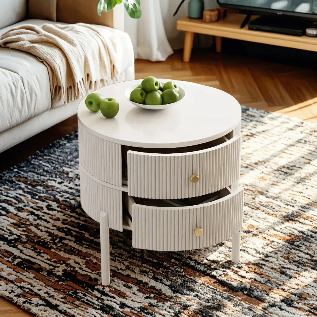 Modern White Stone Round Coffee Drawer Table Image - 23