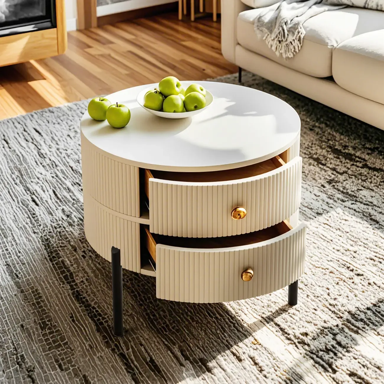 Modern White Stone Round Coffee Drawer Table Image - 14