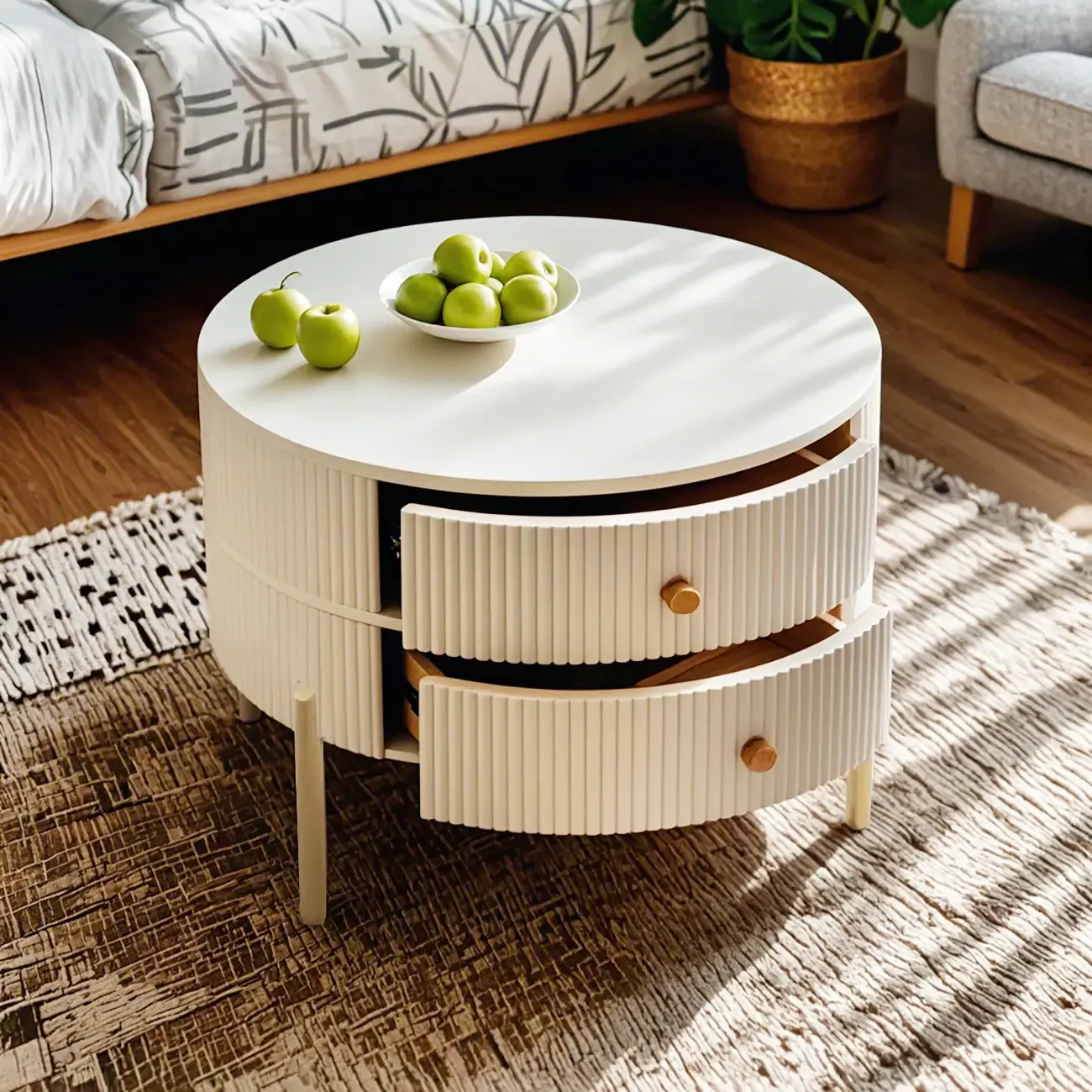Modern White Stone Round Coffee Drawer Table Image - 4