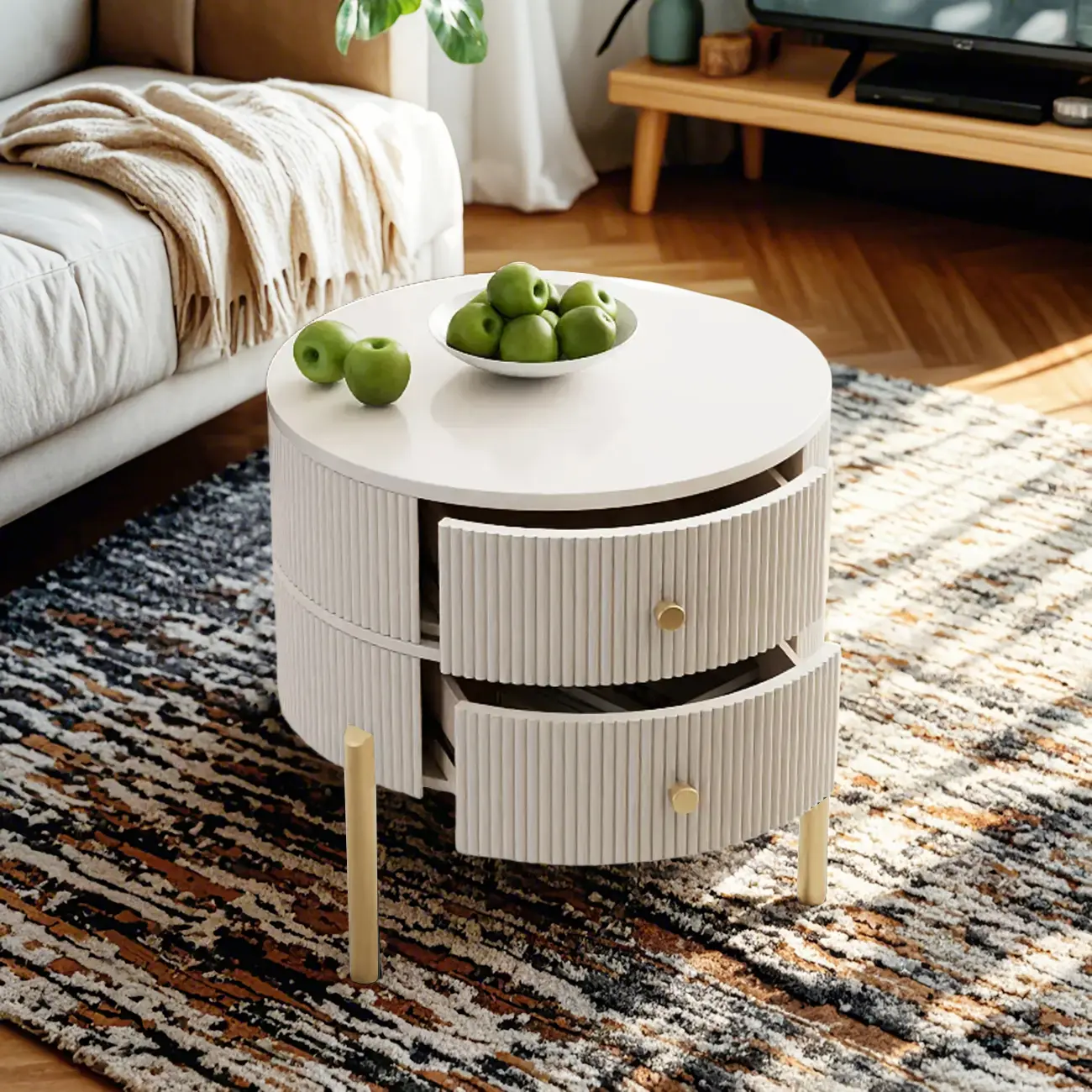 Modern White Stone Round Coffee Drawer Table Image - 2 | homeyfad