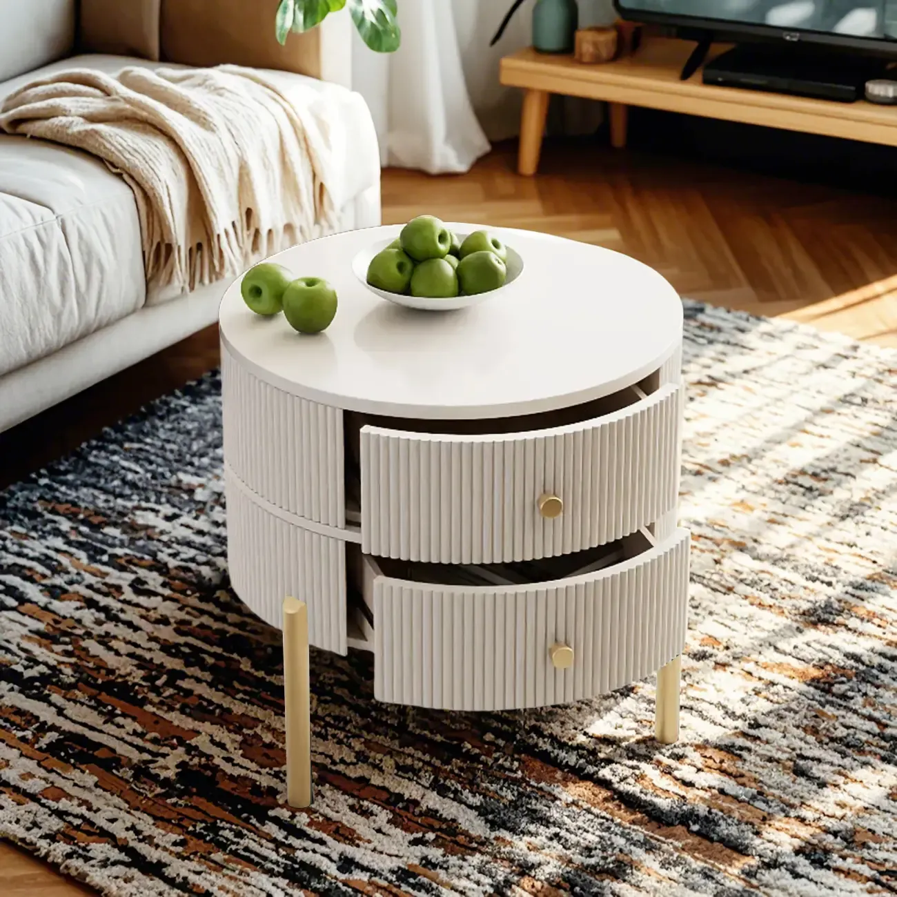 Modern White Stone Round Coffee Drawer Table Image - 2