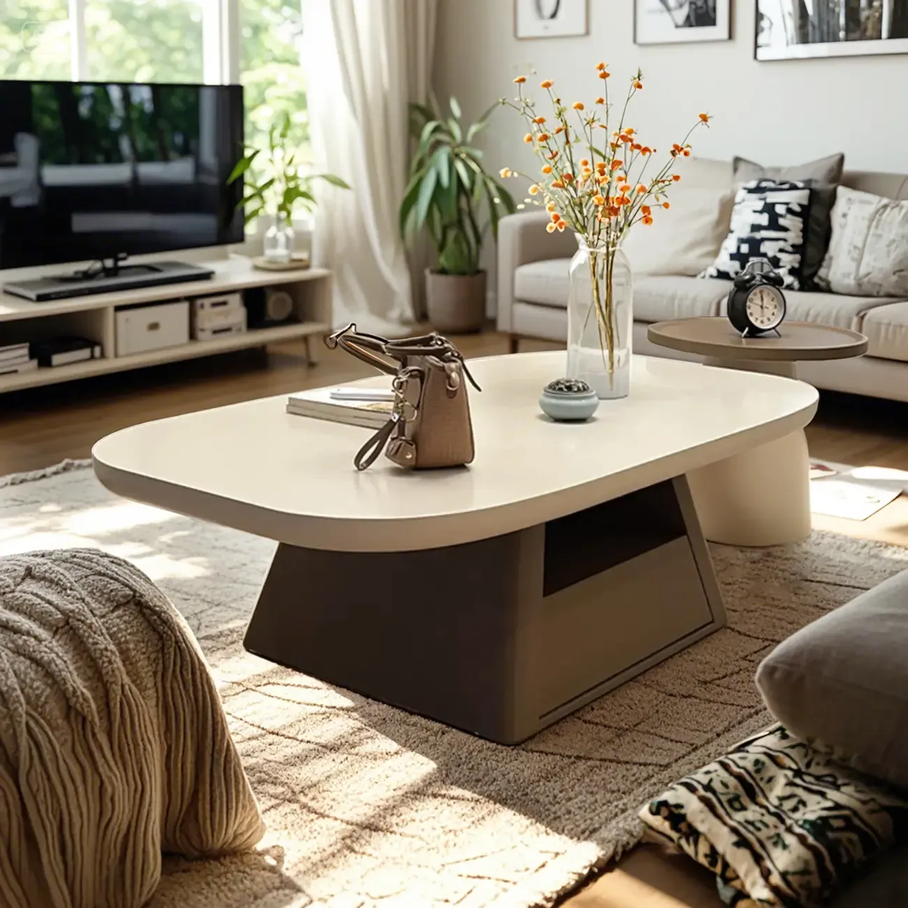 Modern Wood Oval Nesting Coffee Table with Block Base  Image - 2