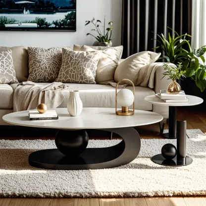 Modern Light Luxury White Oval Coffee Table with Metal Base Image - 1