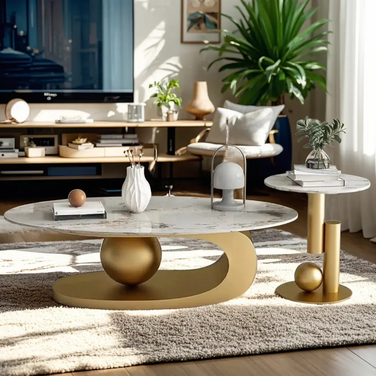 Modern Light Luxury White Oval Coffee Table with Metal Base Image - 3