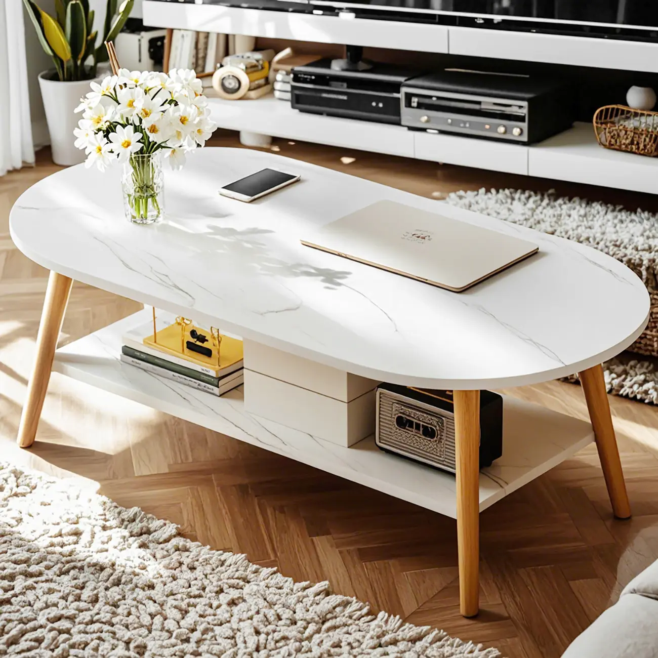 2-Tiers Marble-Top White Oval Coffee Table with Storage Image - 1 | homeyfad