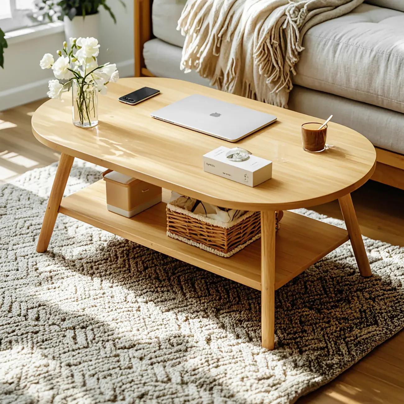 2-Tiers Marble-Top White Oval Coffee Table with Storage Image - 2 | homeyfad