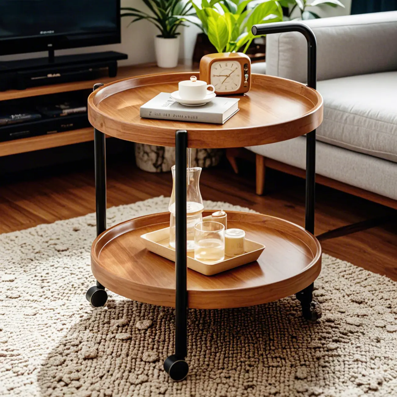 Modern 2-Tier Wood Round Coffee Table with Wheels, Tray Image - 1 | homeyfad