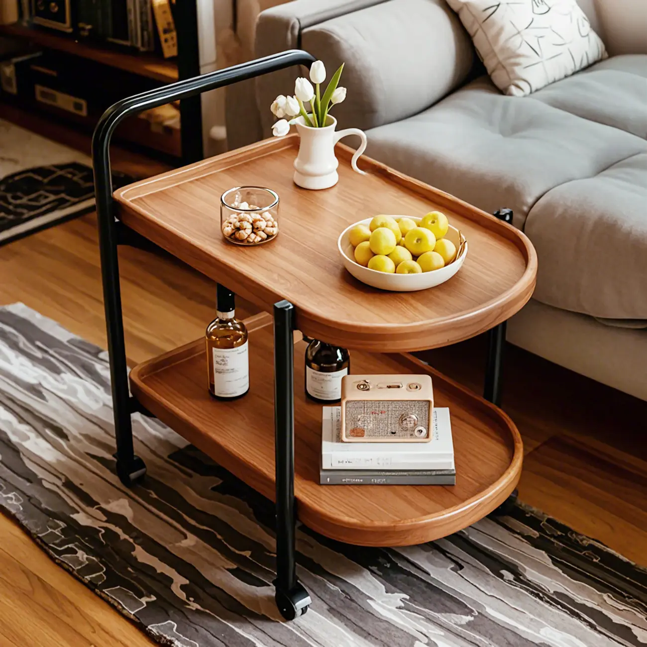 Modern 2-Tier Wood Round Coffee Table with Wheels, Tray Image - 2 | homeyfad