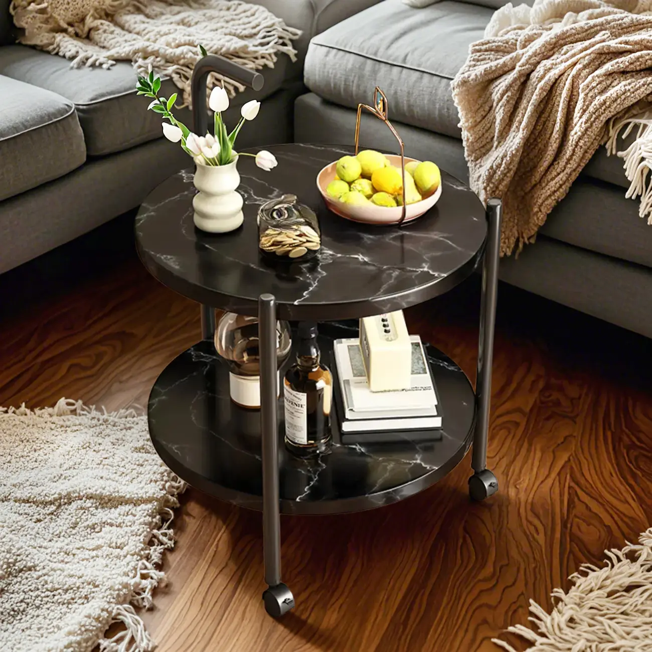 Modern 2-Tier Wood Round Coffee Table with Wheels, Tray Image - 3 | homeyfad