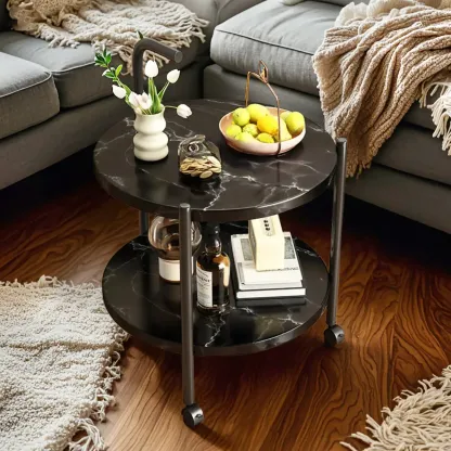 Modern 2-Tier Wood Round Coffee Table with Wheels, Tray Image - 3