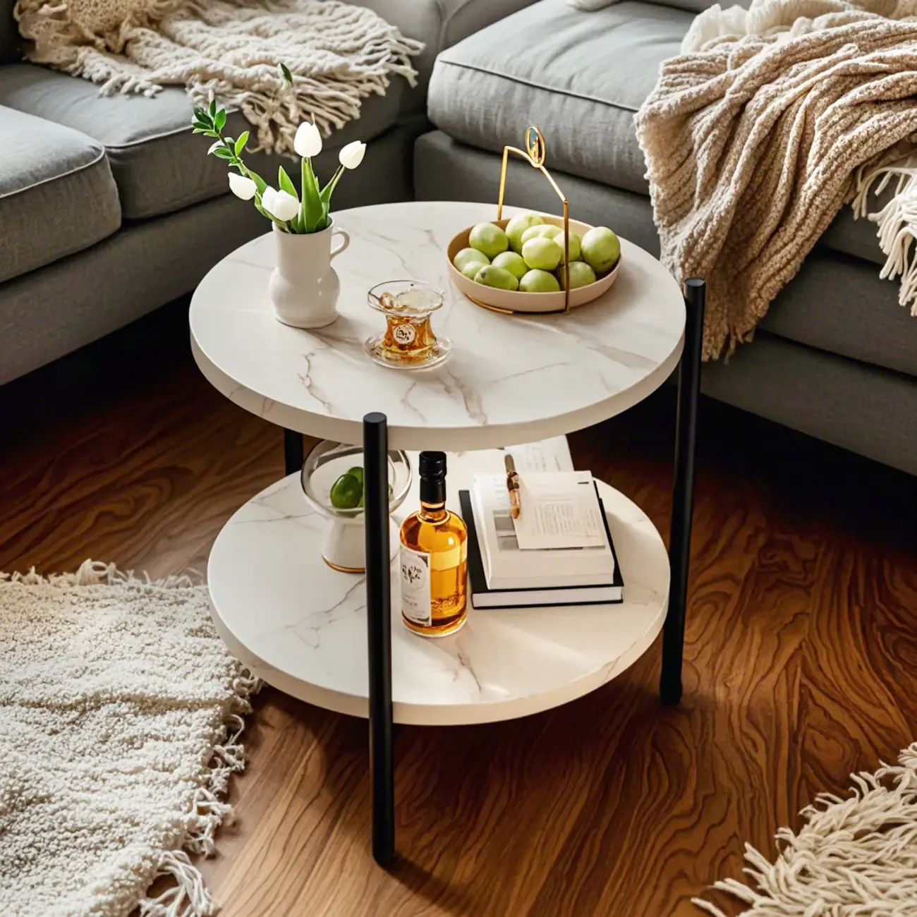 Modern 2-Tier Wood Round Coffee Table with Wheels, Tray Image - 5