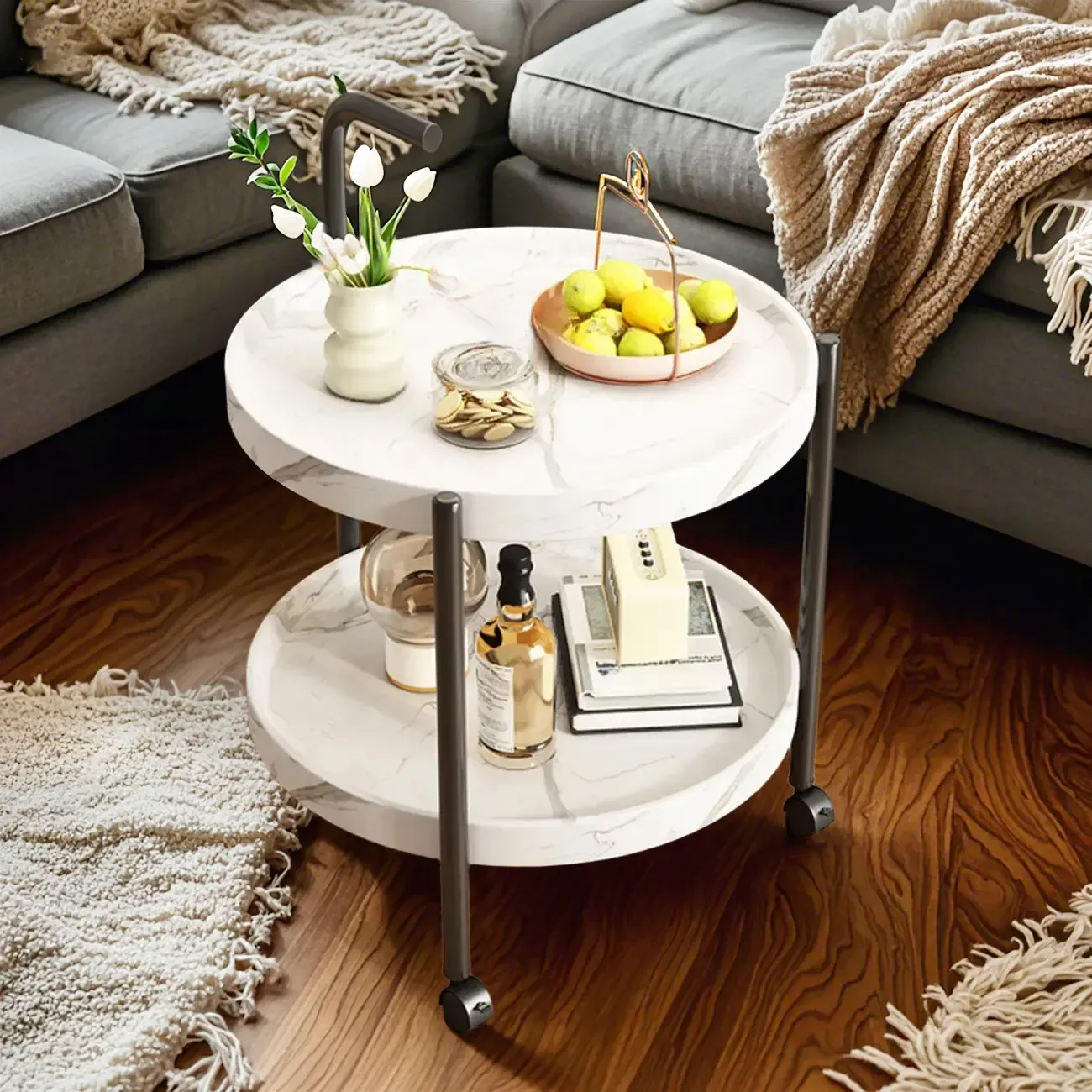Modern 2-Tier Wood Round Coffee Table with Wheels, Tray Image - 6