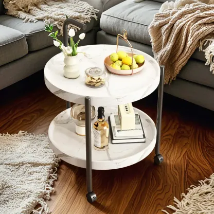 Modern 2-Tier Wood Round Coffee Table with Wheels, Tray Image - 6